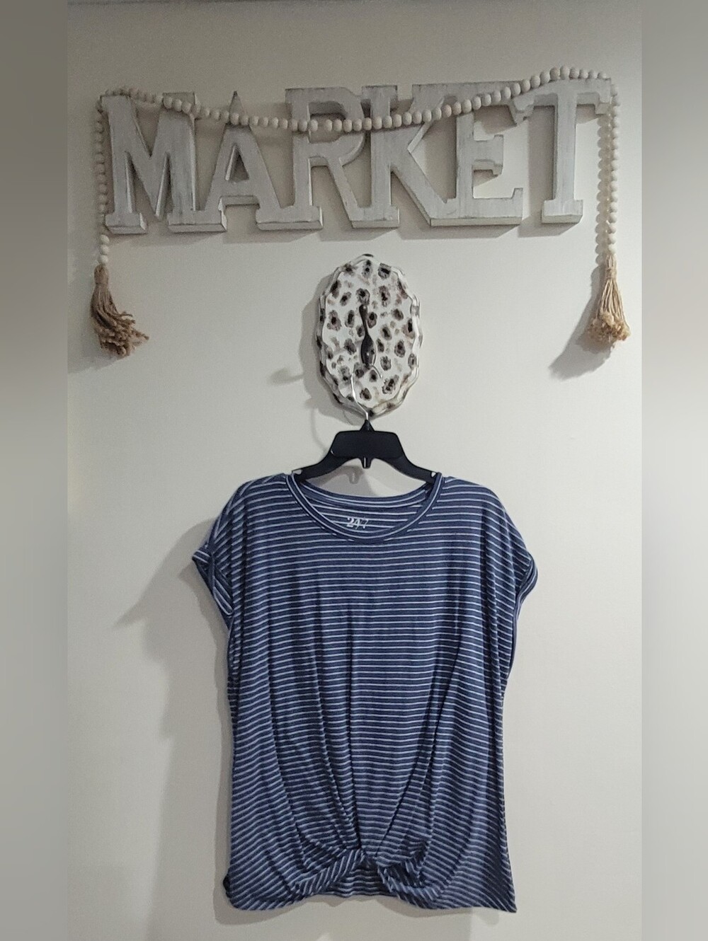 Maurices Blue Striped Short-Sleeve Knot Front Tunic